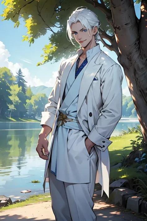 Make a very handsome man, young, thin, pale, long white hair, blue eyes. Wearing white casual clothes. Standing under a tree near a lake. Eyes shining, in the light of day. Smiling.