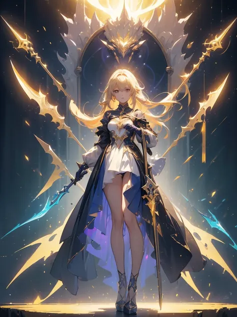 Design a layout showcase Gaming character, (1girl). Golden+Purle clothes, stylish and unique, ((showcase weapon:1.4)), magic staff, (masterpiece:1.2), (best quality), 4k, ultra-detailed, (Step by step design, layout art:1.5), (luminous lighting, atmospheri...