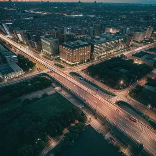 Aerial view of big city. With traffic of people ,carros, buses and trucks. A noite, luzes acesas. starry sky.  realistic scenario.