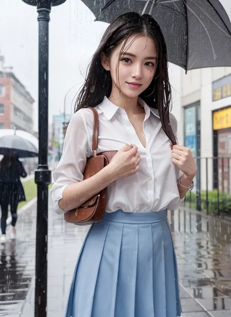 (RAW Shooting, Photo realism:1.5, 8K, best quality, masterpiece, Ultra-high resolution), Perfect dynamic composition:1.2, night, Street corner, look up at the sky:1.3, (((Typhoon Heavy Rain))), Highly detailed skin and facial texture:1.2, Slim high school ...