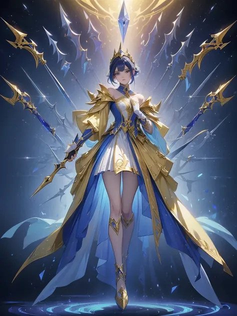 Design a layout showcase Gaming character, (1girl). Golden+Purle clothes, stylish and unique, ((showcase weapon:1.4)), magic staff, (masterpiece:1.2), (best quality), 4k, ultra-detailed, (Step by step design, layout art:1.5), (luminous lighting, atmospheri...