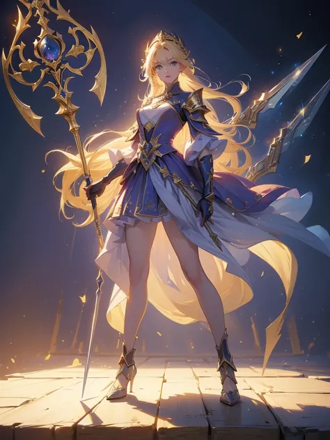 Design a layout showcase Gaming character, (1girl). Golden+Purle clothes, stylish and unique, ((showcase weapon:1.4)), magic staff, (masterpiece:1.2), (best quality), 4k, ultra-detailed, (Step by step design, layout art:1.5), (luminous lighting, atmospheri...