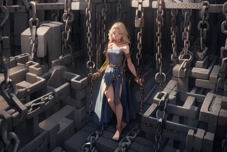 labyrinth,(too many chains:1.3), bondage, one girl,alone,(pretty face:1.2),whole body,barefoot