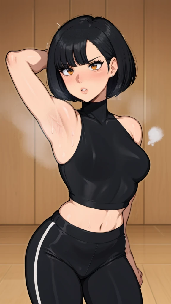 gym background、Super detailed illustrations、Super precise expression、masterpiece、highest quality、ultra high resolution、high resolution、(Sweat、body fluid)、shiny skin、black hair、bob cut hair、red eyes、black croptop turtleneck、sleeveless、Standing picture、hot p...