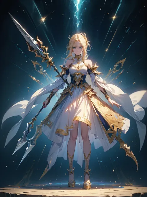 Design a layout showcase Gaming character, (1girl). Golden+Purle clothes, stylish and unique, ((showcase weapon:1.4)), magic staff, (masterpiece:1.2), (best quality), 4k, ultra-detailed, (Step by step design, layout art:1.5), (luminous lighting, atmospheri...