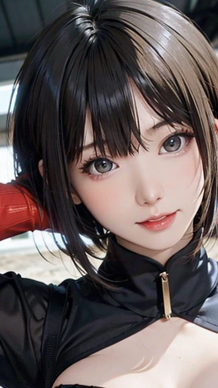 (highest quality、8k、32k、Masseter region、Hmph:1.2)、Cute Japanese Girl、1 girl、short hair、profile、(Get a six pack、Slim figure:1.2)、(lips) 、（Wavy black hair）、double eyelid、Shiny skin、Realistic reality、Beautiful Face、(Laughter:1.3)、Squat、(From above:1.2)、(close...