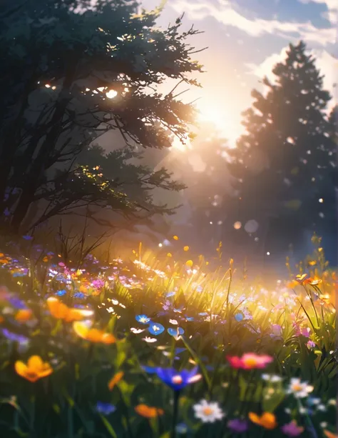 Close-up of colorful wildflowers in grass meadow, blue sky, cloudy, tree, spring, cinematic light, bokeh, sunlit