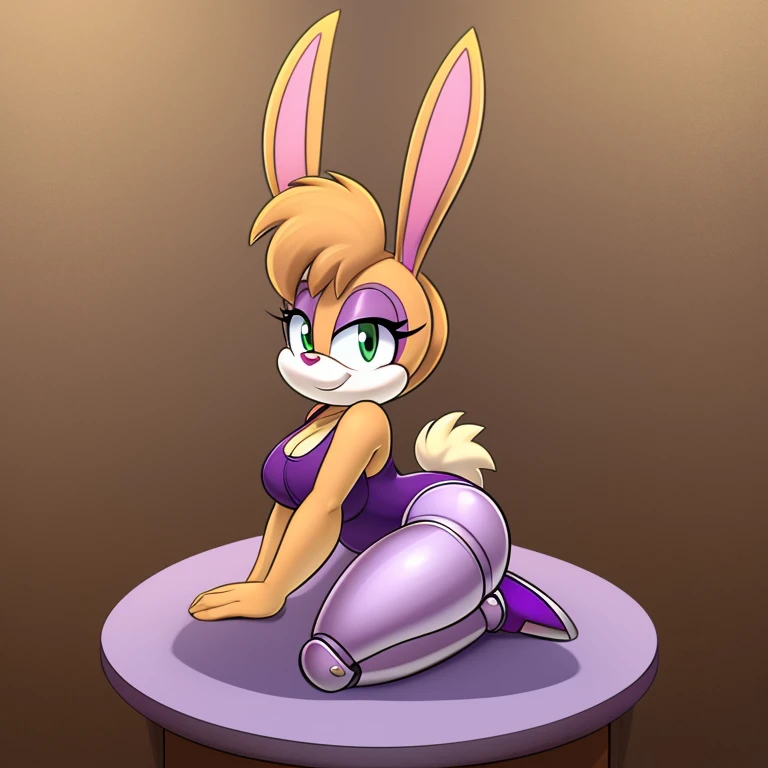 Bunnie Rabbot from Sonic Satam, wearing purple one piece swimsuit, wearing black shorts, brown fur, thick thighs, beautiful limbs, sitting down doing pin up pose, high quality, Dan Haskett Character Design style,