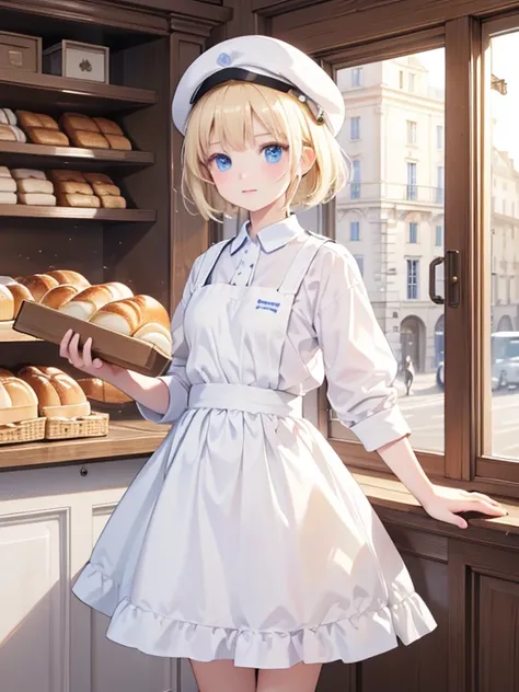 masterpiece, highest quality, Very detailed, 16k, Ultra-high resolution, 12-year-old girl, Detailed face, blue eyes, Blonde, short hair, White Cap, White workwear, France, bakery, Inside the store, There are countless breads around, Carry bread