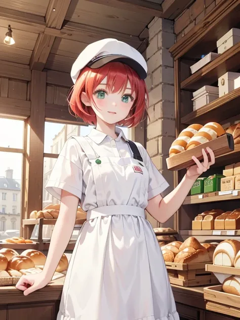 masterpiece, highest quality, Very detailed, 16k, Ultra-high resolution, 12-year-old girl, Detailed face, Green Eyes, Red hair, short hair, White Cap, White workwear, France, bakery, Inside the store, There are countless breads around, Carry bread