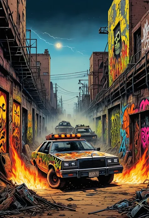 Mad Max style grafitti,1980s horror style, fire, laser, hard style graffiti, art, horror comic, wasteland, apocalyptic