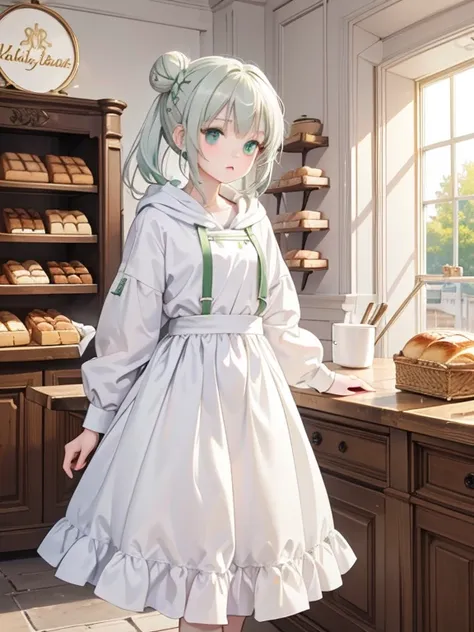 masterpiece, highest quality, Very detailed, 16k, Ultra-high resolution, 12-year-old girl, Detailed face, Green Eyes, Silver Hair, Bun Hair, White hood, White workwear, France, bakery, Inside the store, There are countless breads around, Carry bread