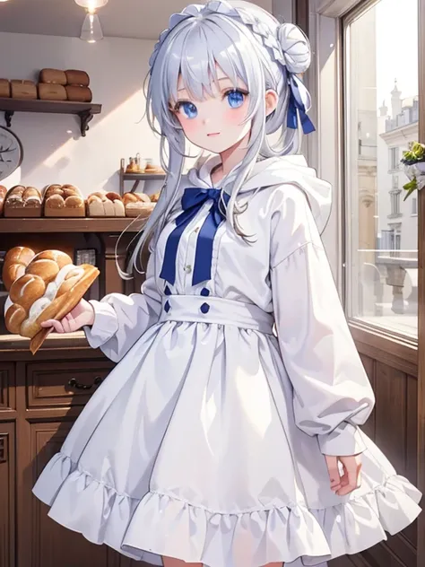 masterpiece, highest quality, Very detailed, 16k, Ultra-high resolution, 12-year-old girl, Detailed face, blue eyes, Silver Hair, Bun Hair, (White hood), White workwear, France, bakery, Inside the store, There are countless breads around, Carry bread