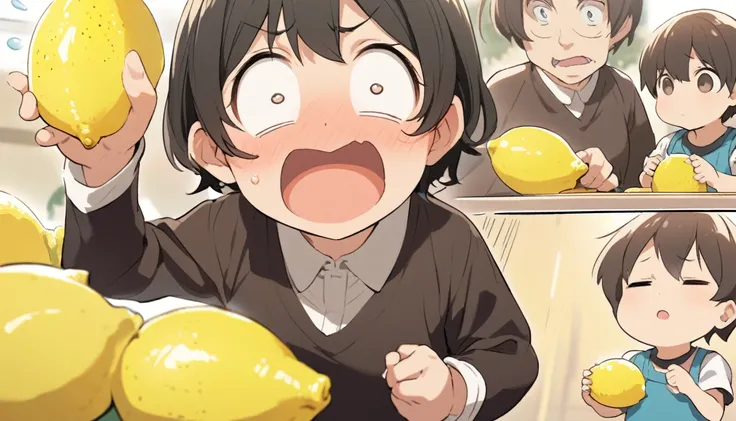 A little kid is making a disgusted face their parent stands just out of focus to the side holding a piece of lemon, comical
