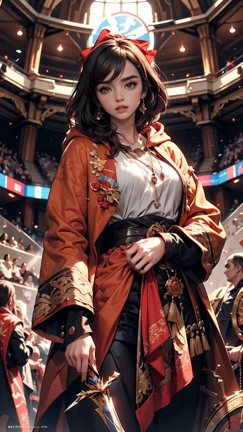 Lily Collins with curly black hair and a red hoodie, Medieval costume, Bow and arrow in hand, The illustrations showing the arena filled with spectators and fans are detailed., Smooth and bright, HD Art by Citemer Liu