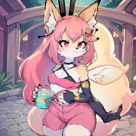 Queen Bee (Helluva Boss), 1girl, you anthro, humanoid, long liquid honey hair, multicolored hair (blue and pink), four arms, tail, long eyelashes, yellow fur, long ears, red eyes, fairy wings, fox, detailed eyes, furry, pink clothes, perfect anatomy, light...