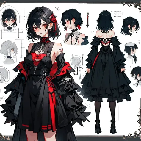 character sheet, girl oc, dynamic pose, three view, modern edgy clothes, punk clothes, red, black