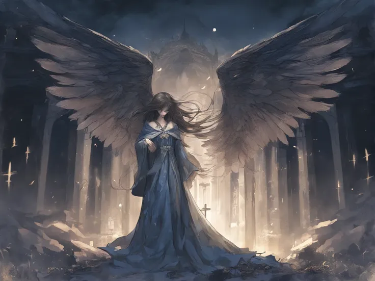 (highest quality,4K,8k,High resolution,masterpiece:1.2),Gothic and melancholic female angel,cry,Anime Style,Detailed blue eyes,long, flowing black hair,Fair and perfect skin,Spread your beautiful wings,Edged with lace、Decorative and shabby black gown,Illum...