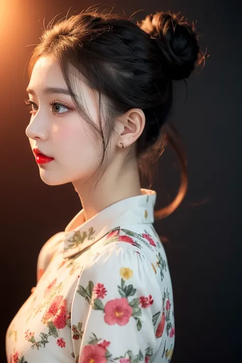 ((highest quality)), ((masterpiece)), (detailed), Perfect Face、Masterpiece, Best Quality, 1girls, profile, ponytail, updo hair, nape of neck, red lips, slightly upturned nose, long eyelashes, realistic skin texture, attractive face, blurred, black backgrou...