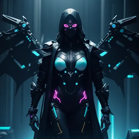 a woman wearing an exo-skeleton mask on a fashion runway, vibrant neon lighting, teenage model, intricate mechanical design, high-tech futuristic cyberpunk style, dynamic pose, dramatic lighting, colorful dystopian background, detailed metal textures, glos...