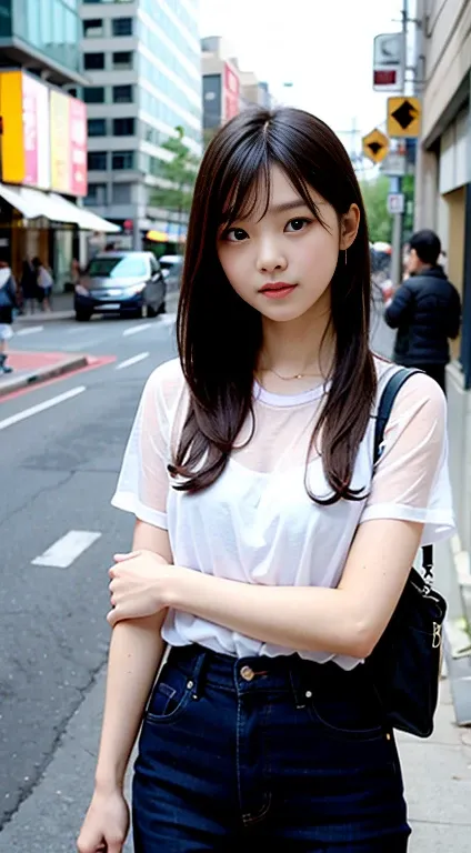 People on the street wearing transparent clothes々Woman waiting for、highest quality、Women&#39;s 10 Men&#39;s、Big ample breasts、Tag、Illumination、Blur the background、Bokeh Depth of Field、outside of home、(street:0.8)、(human々、A large number of people:1)、Gorgeou...