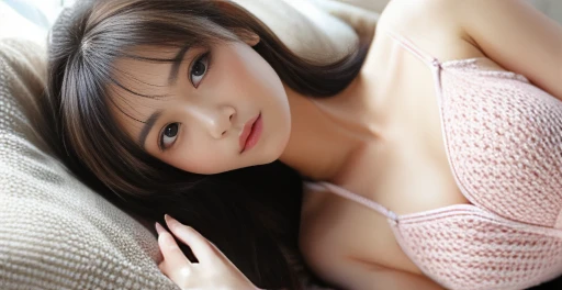 high-resolution, hyper-realistic, impressively-detailed, intricate, layered, A pretty Japanese, Slender figure, 25 years old, lie on pale white bed, Dark brown hair,wearing pretty light pink sexy knit one-piece dress, looking at viewer, impressively detail...