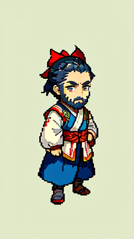 Old man in ancient Chinese costume、Wise Old Man、Looking into the camera、There is a topknot on the head、Long sleeve、Hanfu、Black Hair、Standing and posing with arms crossed、part your bangs in the middle、Pixel art、(masterpiece, highest quality, highest quality...