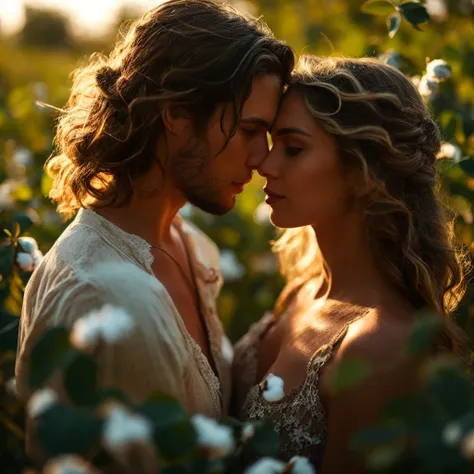 A passionate couple, she with long blonde hair and he with dark curly hair, almost kissing tenderly in the romantic setting of a cotton plantation, (best quality,4k,8k,highres,masterpiece:1.2),ultra-detailed,(realistic,photorealistic,photo-realistic:1.37),...