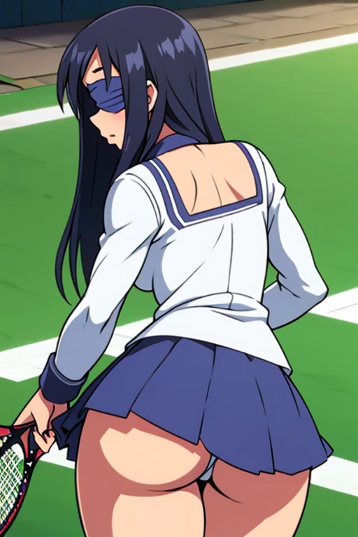 tennis girls massive rear butt cheeks out of bottomless slutty mini skirt out bare, bent over showing her butt, sleeved hands hidden down, blindfold
