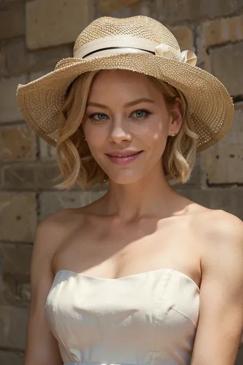 Elizabeth Banks wearing a hat dressed in a large dress with a large neckline smiling
