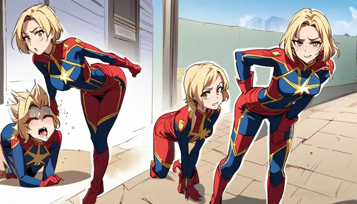 Captain Marvel is bent over retching and puking, a lemon with a bite out is near her, she has her back to the viewer, several superheros chuckling around her, full body shown, comical scene
