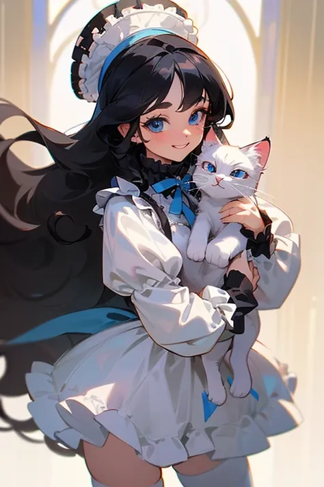 (masterpiece, best quality), warm lighting, blurry foreground, ((white ruff)), 1 girl holding a cat, cowboy shot, ((victorian ou...