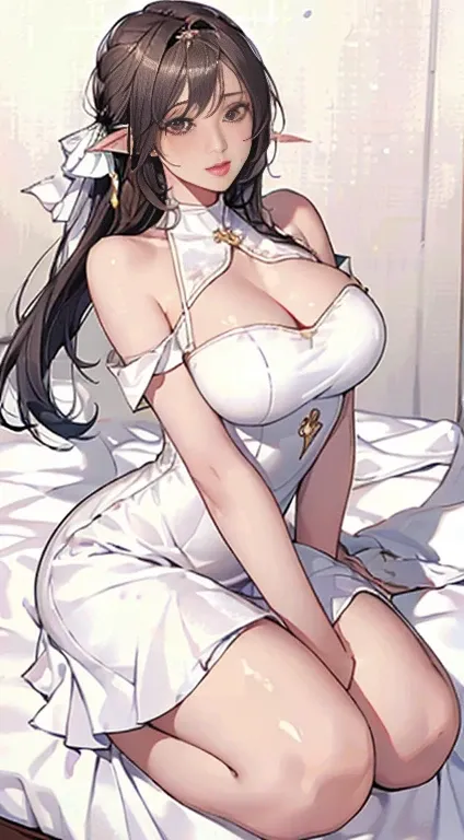 close-up of face, Face Shooting, (White Dress :1.7), Short witch skirt, (((Large Breasts、Breast sagging、Low-cut，Cleavage ，Wide hips,)))((Long legs)),Hourglass figure)) Long streamers, blond, blonde, (Pointed ears: 1.5), (Gold pattern quality:1.3), female p...