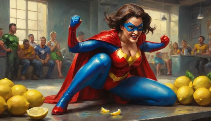 a woman in a superhero costume bent over retching and puking, a lemon with a bite out is near her, her back is to the viewer, several superheroes chuckling around her, full body shown, comical scene, highly detailed, vibrant colors, dynamic lighting, photo...