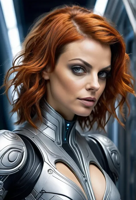 Beautifu Femalel Fifth Element Alien [Mila Jobovich:Mila Kunis:0.40] in a portrait pose donning a Hightech Mecha Body Suite, confident naughty smirk, detailed face, detailed hair, insanely intricate details, realistic style