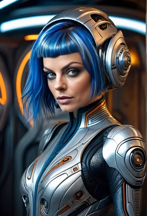 Beautifu Femalel Fifth Element Alien [Mila Jobovich:Mila Kunis:0.40] in a portrait pose donning a Hightech Mecha Body Suite, confident naughty smirk, detailed face, detailed hair, insanely intricate details, realistic style