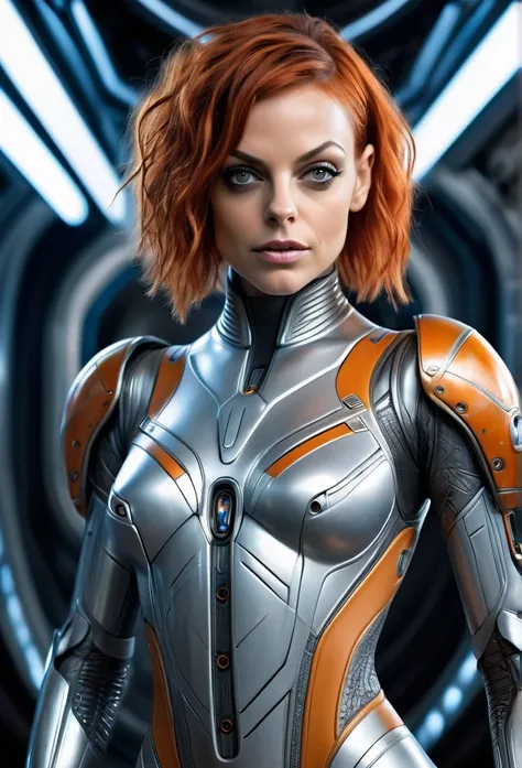 Beautifu Femalel Fifth Element Alien [Mila Jobovich:Mila Kunis:0.40] in a portrait pose donning a Hightech Mecha Body Suite, confident naughty smirk, detailed face, detailed hair, insanely intricate details, realistic style