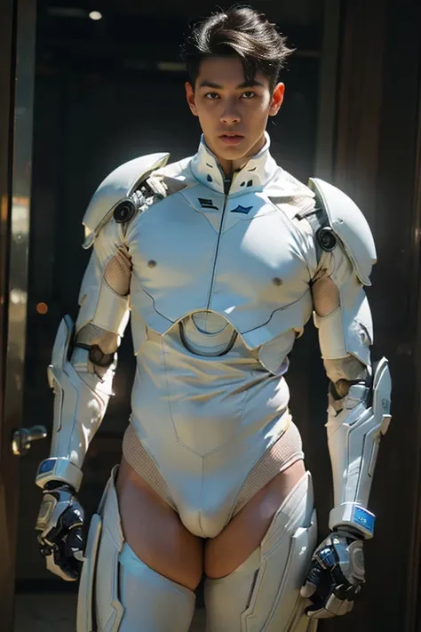 (masutepiece,High resolution,ultra - detailed:1.0),1(Boy,Robot Boy),Perfect male body,Look at the camera,Delicate eyes and delicate face,extremely details CG,Unity 8k wallpaper,intricate-detail,solo person,Detailed face, (Futuristic skin-perfect white body...