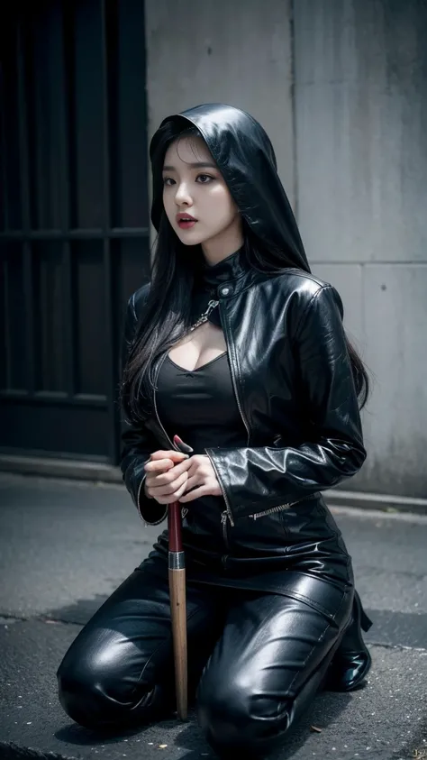 Arafi woman in black leather clothes kneeling on the ground holding a knife, vampire nun, cruel korean goth girl, single scary female vampire nun, Yoo Lee Ji-eun plays the super villain, nun fashion model, Nun attire, Vicious female match, beautiful female...