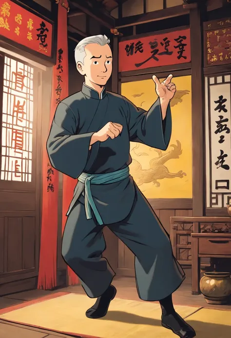 Tintin, 50 years old male wearing black tradisional Chinese Tang suits , slick and neat short gray hair, practice Wing Chun kungfu on a wooden dummy in a tradisional Chinese house, european comics