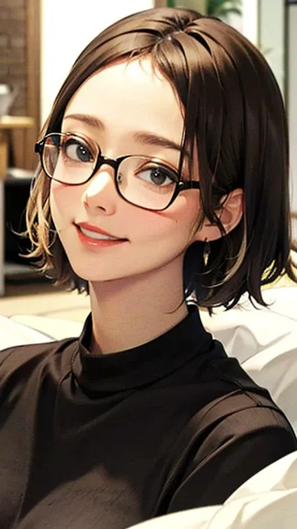 1 female, /(Tight sweater/) V-neck, Mature Woman, /((((short hair、Light brown hair、Blonde hair)))) Beautiful forehead, Stylish Glasses、Large Breasts、Bright red lips、A gentle blushing smile, (Masterpiece of the highest quality:1.2) Delicate illustrations, s...