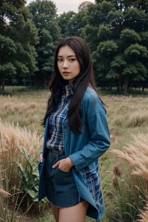 A young Asian woman with long dark hair wearing a blue hijab and a plaid shirt , standing in a field with tall grass and plants in the background
