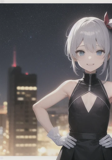 One girl, alone, Absurd, highest quality, (A proud smile:1.2), Gray Hair, blue eyes, Sleeveless dress, hair ornaments, Black Dress, short, Side Ponytail, Long Hair, Outdoor, nighttime, night, city, performer, Starry Sky, Small breasts, Flat Chest, White gl...