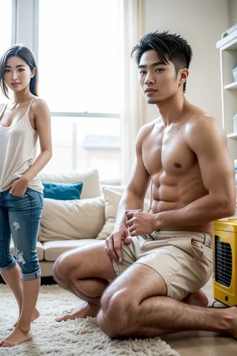 Couple of handsome young man and beautiful Korean woman,Both naked,The air conditioner is being repaired in the living room.