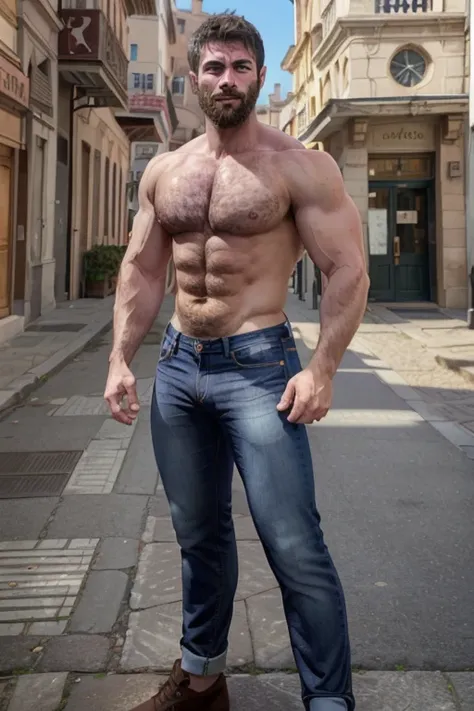 gianluca_antonelli, arrogant, smirk, shirtless, jeans, hairy chest, muscular, street, daylight, male focus, upper body, standing,, broad shoulders, big biceps, beard, ear piercing, blue eyes, full body
