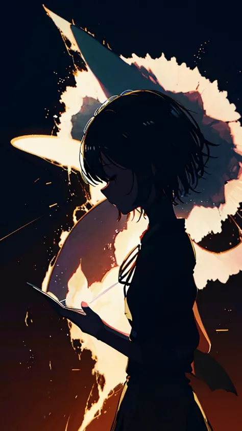 silhouette, 光の粒子 獣のsilhouette, The silhouette泣いている女の子が空をみあげている, Close up background, universe、night, night空, Better Hands