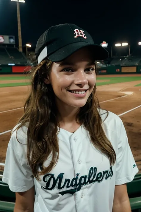 Maggie Rogers wearing a baseball cap dressed lightly in a stadium smiling