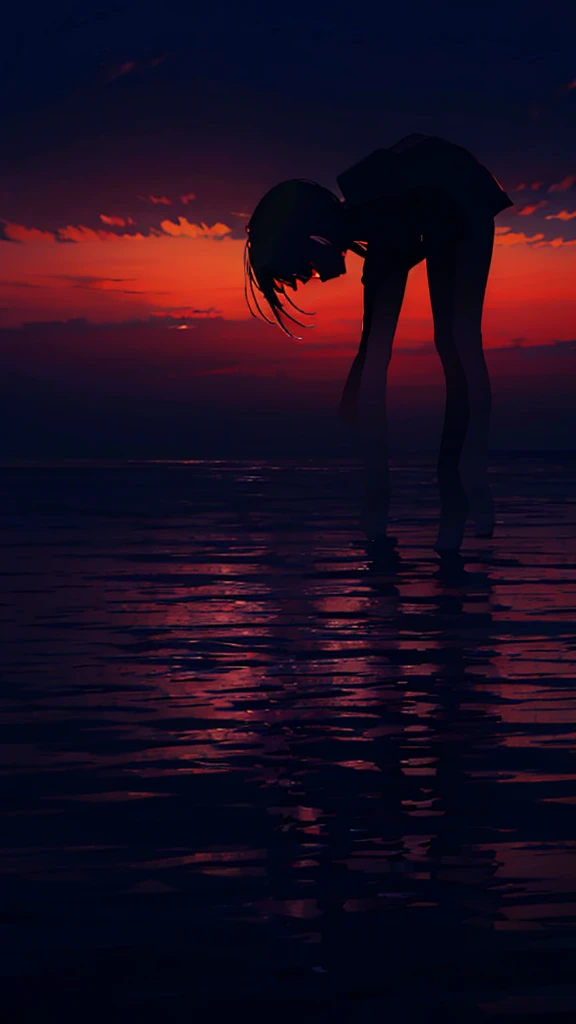 silhouette, 光の粒子 獣のsilhouette, the silhouette海で泣いている女の子が空を見上げている, close up background, universe、night, night空, better hands