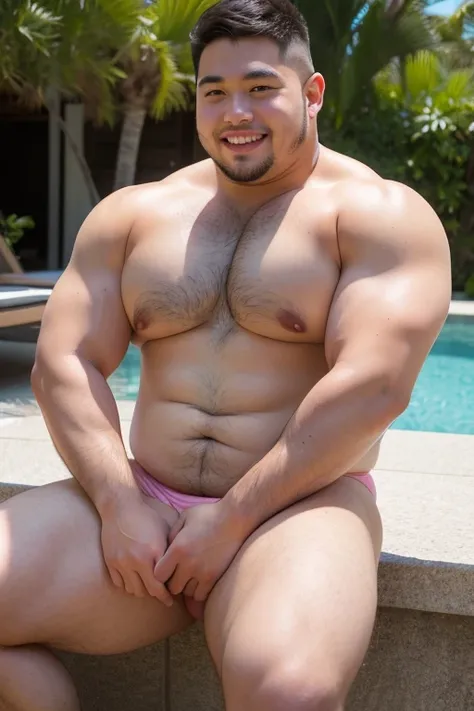 ((highest quality)), ((masterpiece)), (detailed), (Perfect Face), 4k, Glamour, Shaved head, Young Japanese, Muscular, Fat body, Very big man, smile, white small swimsuit, Well-groomed fat face, naked, have power, Sitting with legs spread very wide, Highlig...