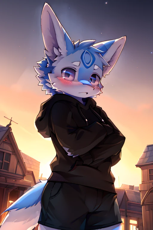 massive breasts and hips, undersized hoodie, full face blush, any pose, doing anything, massive butt, roof tops, night, looking at user, any fur color and pattern, any eye color and pupils, armed or unarmed, any weapon, undersized shorts, dressing or undre...